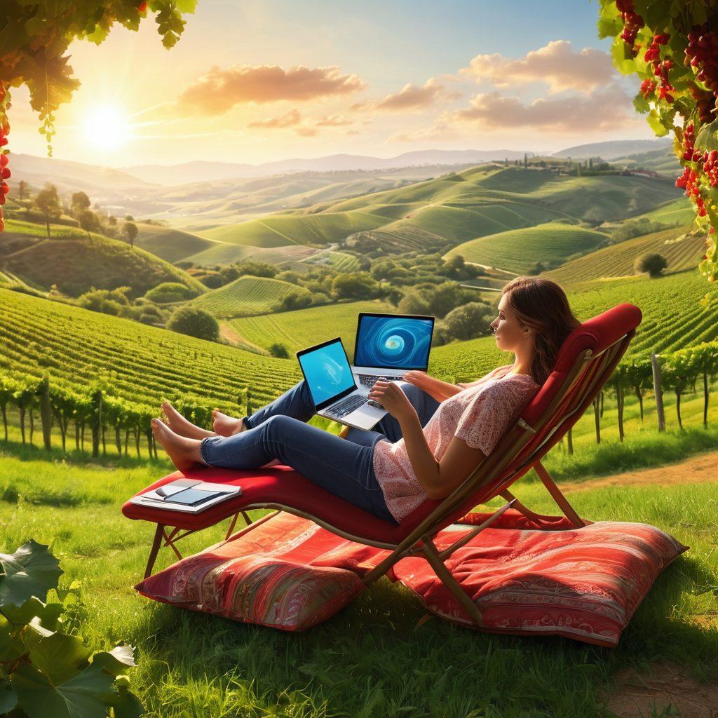 A whimsical scene depicting a person lounging with a laptop in one hand and a glass of red wine in the other, surrounded by lush vineyards and rolling hills in the background. The sunlight streams through, creating a warm and inviting atmosphere, while digital waves of the internet, represented by swirling patterns, blend seamlessly into the serene landscape. Light-hearted elements such as colorful virtual icons and grapevine motifs weave around the scene, enhancing the joyful vibe of sipping and surfing. vibrant colors. digital art. sunny ambiance.