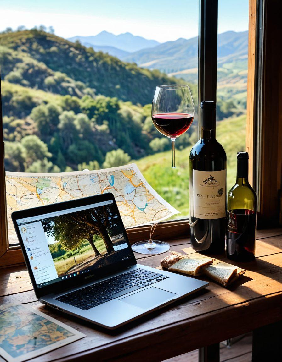 An inviting scene featuring a laptop open on a rustic wooden table, surrounded by a glass of red wine and a map, capturing the essence of online adventures. Warm light filters through a nearby window, casting gentle shadows on the table, while a corkscrew and a half-empty wine bottle hint at relaxation. Outside the window, a picturesque landscape of hills and trees can be seen, offering a tranquil escape. The atmosphere is cozy and adventurous, inviting readers to sip wine while exploring the web. super-realistic. warm tones. natural light.