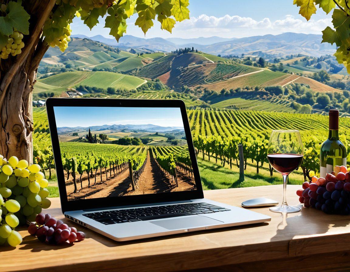 A picturesque vineyard landscape merging into a digital interface, with lush grapevines on one side and a laptop displaying a virtual wine tasting event on the other. Include wine glasses filled with rich red and white wines, surrounded by rolling hills and grapes scattered artistically. Bright, inviting colors that evoke a sense of warmth and discovery. super-realistic. vibrant colors. white background.